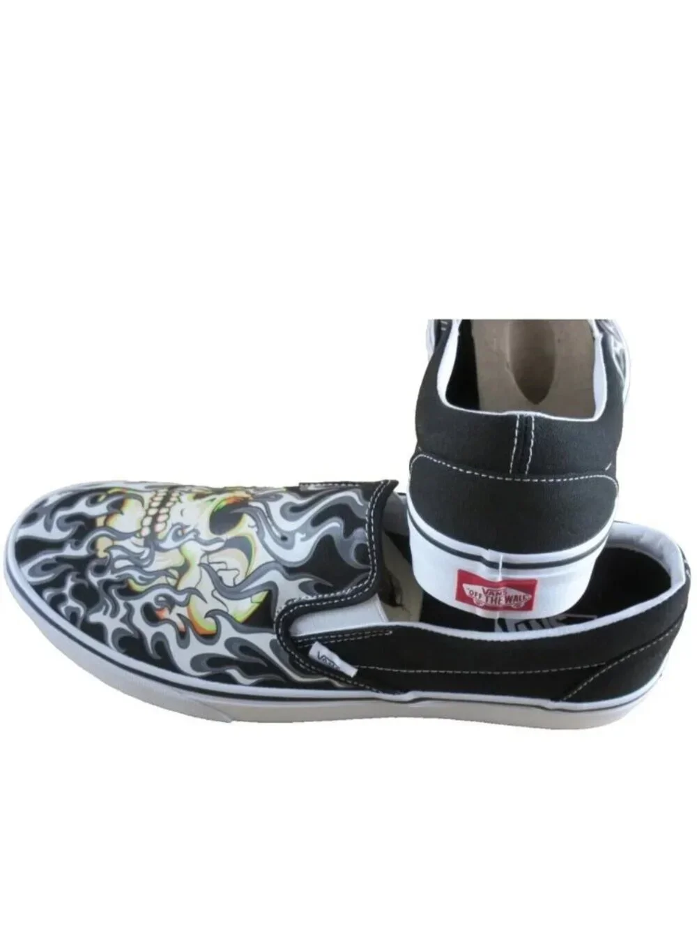 Vans Men's Classic Slip On Flame Skull Black White Canvas Shoes Size 13 NEW